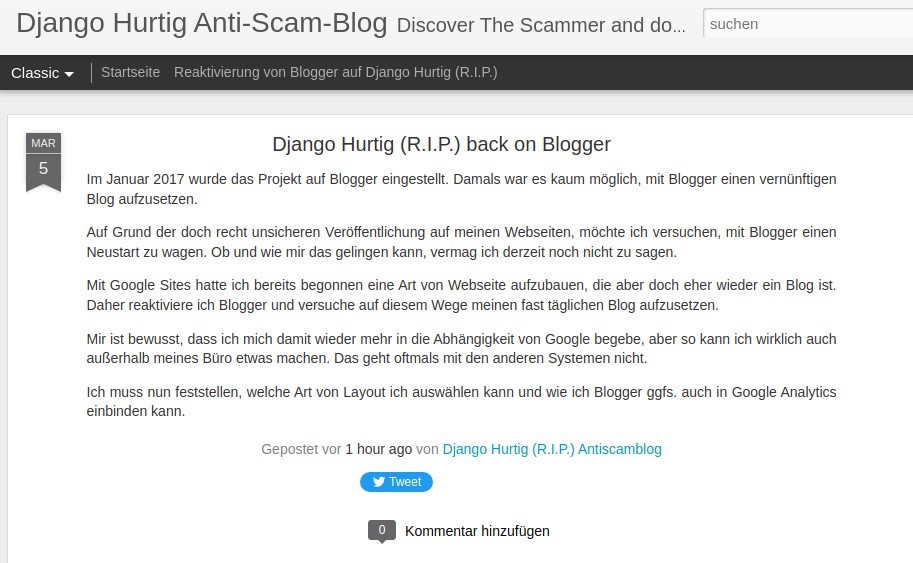 Titelbild für Django Hurtig back on Blogger